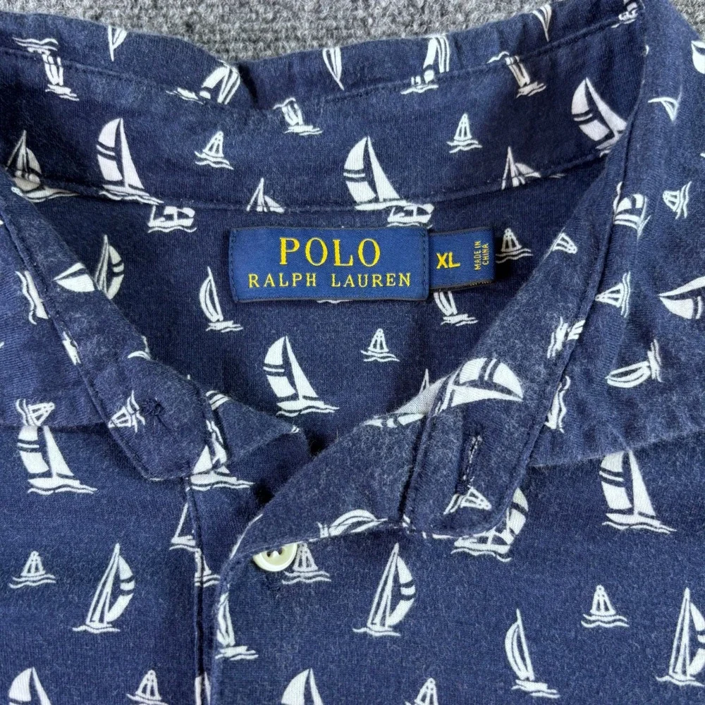 Polo Ralph Lauren Polo Shirt Mens XL Navy Blue Sailboat AOP Cotton Nautical